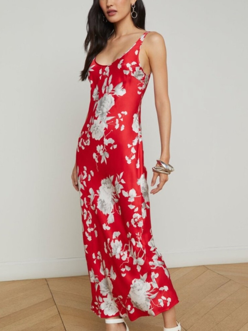 L’Agence Akiya Floral Sleeveless Silk Satin Maxi Dress in Red Ivory Ikebana